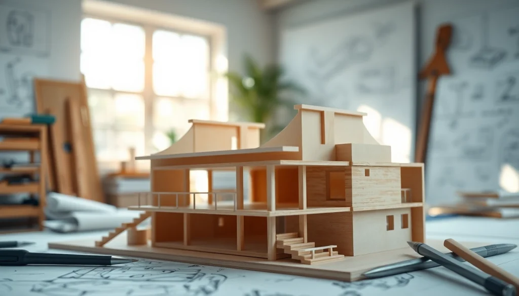 Architekturmodellbau Braunschweig: Detailliertes Modell in kreativer Arbeitsumgebung.