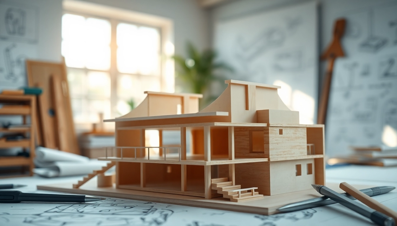 Architekturmodellbau Braunschweig: Detailliertes Modell in kreativer Arbeitsumgebung.