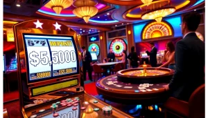 Nikmati sensasi bermain slot depo 5rb dengan visual kasino yang hidup menampilkan pemain dan mesin slot.