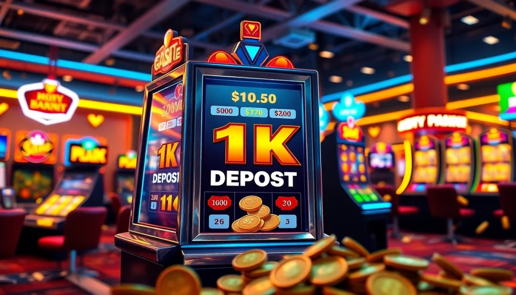 Putar slot deposit 1k dengan slot mesin yang berwarna-warni dan koin digital menyenangkan.