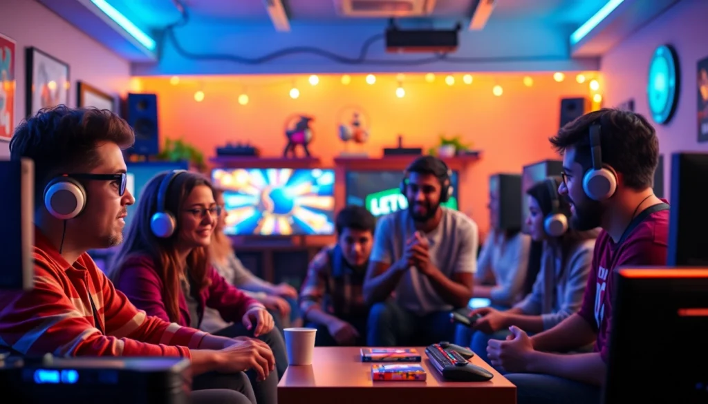 Gamers enthusiastically debating game reviews in a vibrant gaming setup.