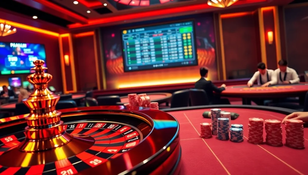 Engage with live gambling at Nhà cái U888 featuring a vibrant casino atmosphere, exciting games, and a roulette wheel.