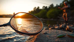 Catch a fly fishing net in action by a tranquil river, under golden sunset lighting.