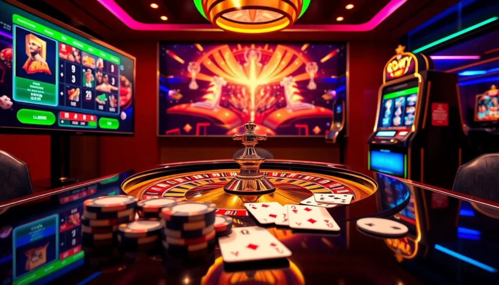 Engage with onicplay login at a luxurious casino, featuring modern slot machines and roulette.