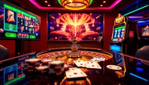Engage with onicplay login at a luxurious casino, featuring modern slot machines and roulette.