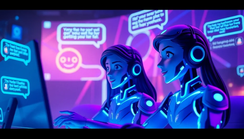 Engaging NSFW AI chat interface in a futuristic setting with avatars.