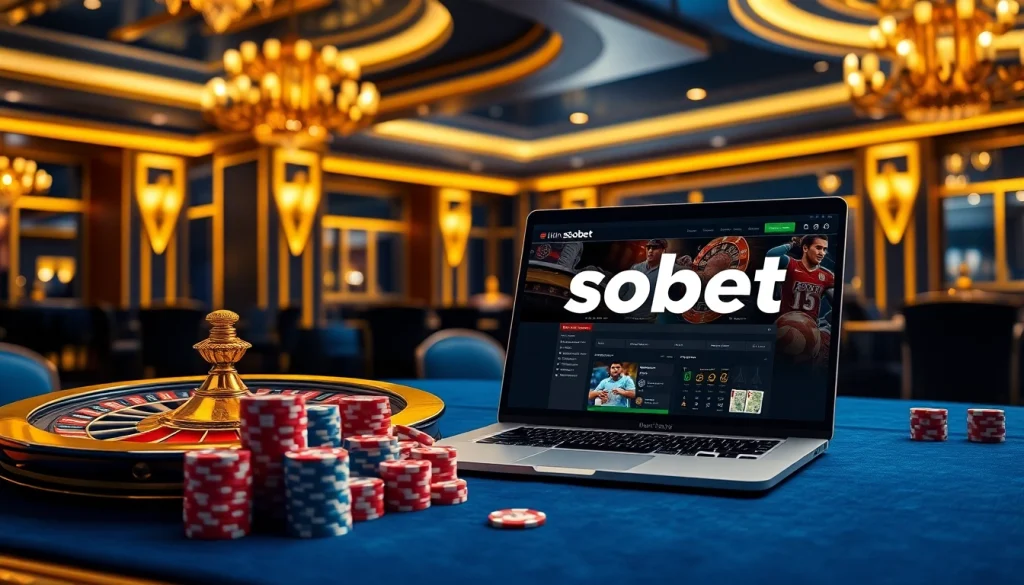 Place bets on link alternatif sbobet through a luxurious casino scene featuring a roulette wheel and poker chips.