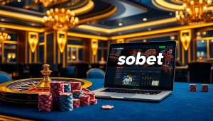 Place bets on link alternatif sbobet through a luxurious casino scene featuring a roulette wheel and poker chips.