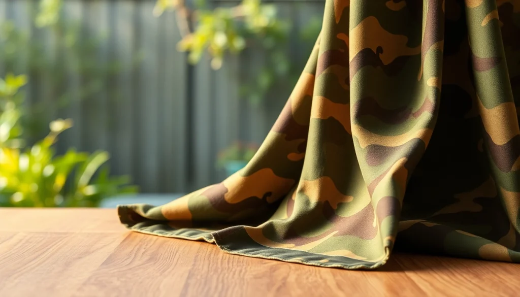 Bekijk legerprint stof met natuurlijke textuur en rijke kleuren in een professionele setting.