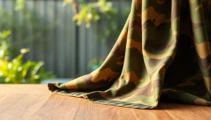 Bekijk legerprint stof met natuurlijke textuur en rijke kleuren in een professionele setting.