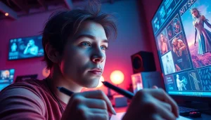 A digital artist engaged with ai nsfw tools in a creative studio, illustrating innovative technology.