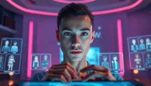 Engaging with NSFW character AI in a futuristic digital setting with interactive holograms.