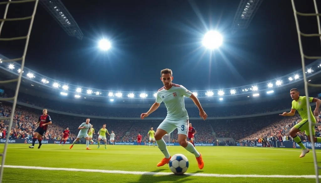 Catch the excitement of ผลบอลล่าสุด with players in action during an intense soccer match.