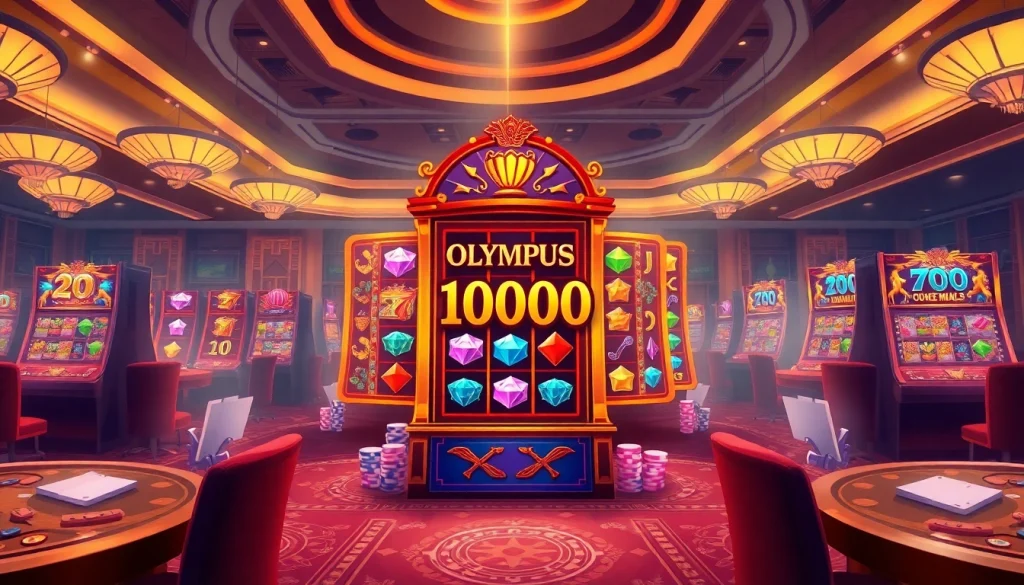 Para pemain berinteraksi dengan mesin slot Olympus 1000 yang mendebarkan di lingkungan kasino mewah.