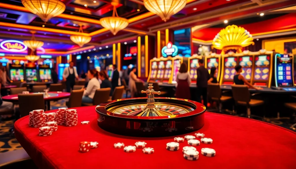 Exciting casino scene with roulette, poker chips, and slot machines highlighting hay.win gaming experience
