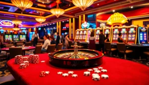 Exciting casino scene with roulette, poker chips, and slot machines highlighting hay.win gaming experience