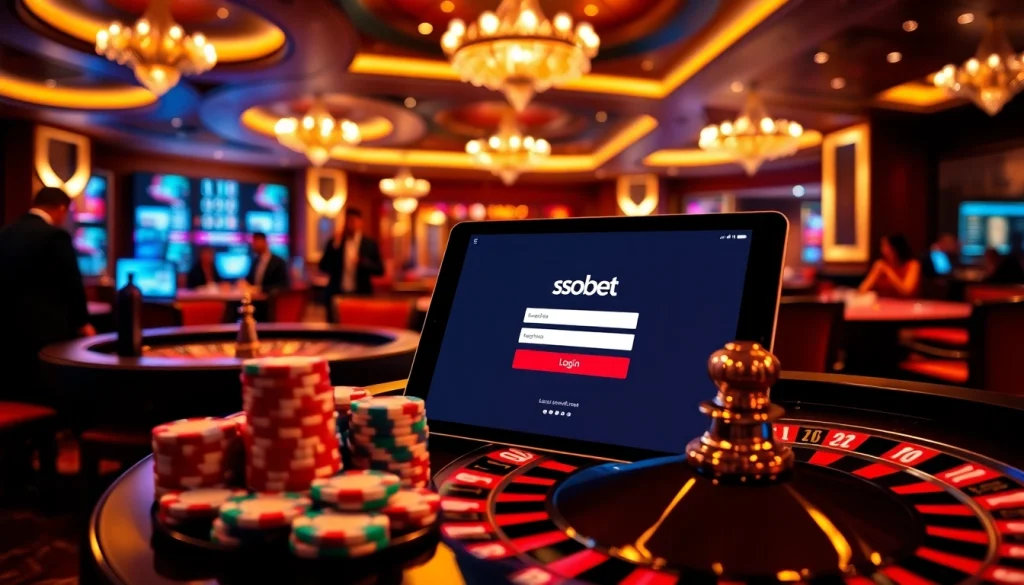 Sbobet login interface displayed on a tablet with casino elements like poker chips and a roulette wheel.