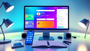 Tools to search OnlyFans creators displayed on a modern work desk with digital interfaces and creative elements.