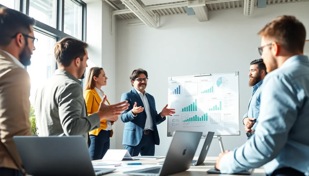 Engaged professionals discussing growth strategy trends in a modern office setting.