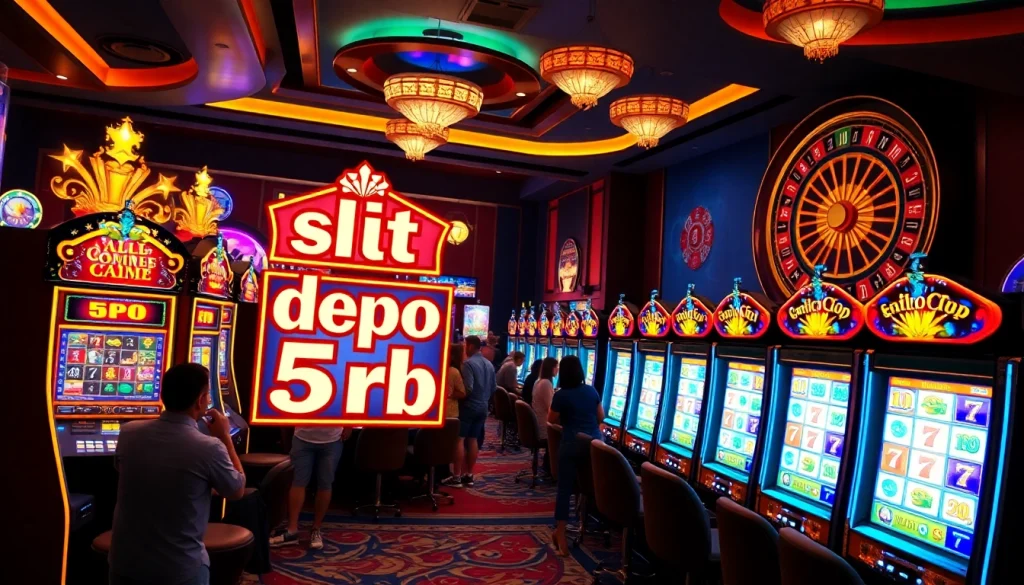 Players enjoying slot depo 5rb at colorful casino slot machines.
