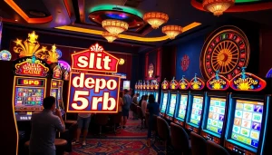 Players enjoying slot depo 5rb at colorful casino slot machines.