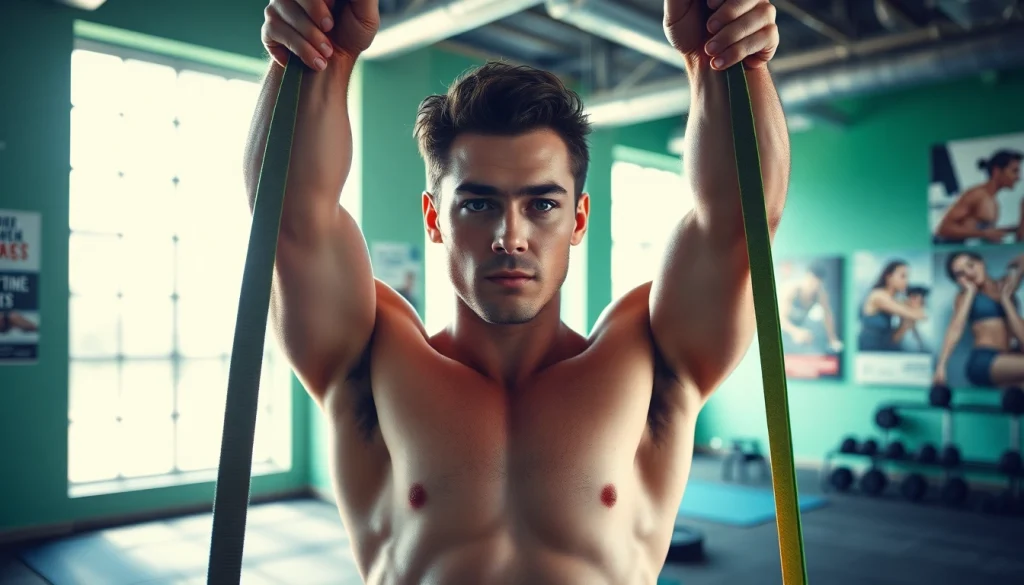 Fit individual using stretch bands for pull-ups in a bright gym setting, showcasing strength.