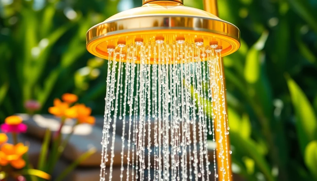 Transform your outdoor experience with sunny shower USA installed in a vibrant garden setting.