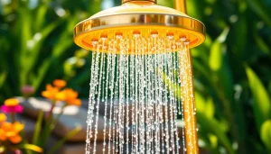 Transform your outdoor experience with sunny shower USA installed in a vibrant garden setting.