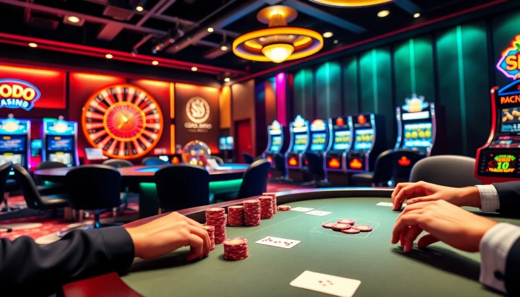Enjoying a thrilling game at SODO Casino with vibrant poker tables and roulette excitement.