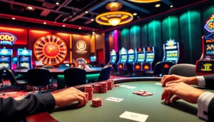 Enjoying a thrilling game at SODO Casino with vibrant poker tables and roulette excitement.