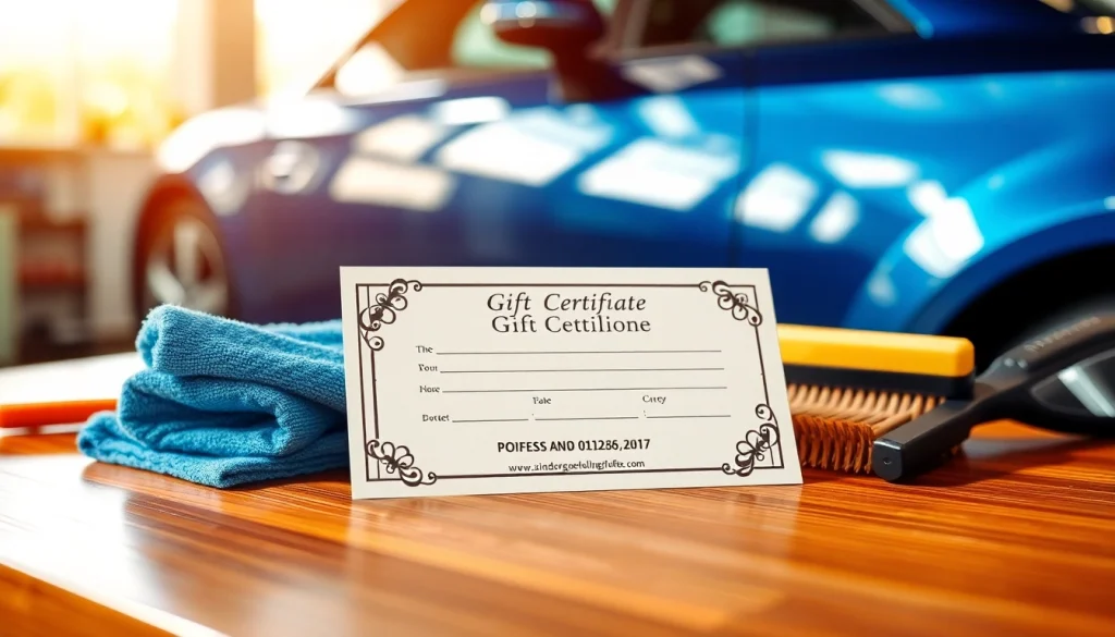 Car detailing gift certificate artfully presented on a sleek table with detailing tools in the background.