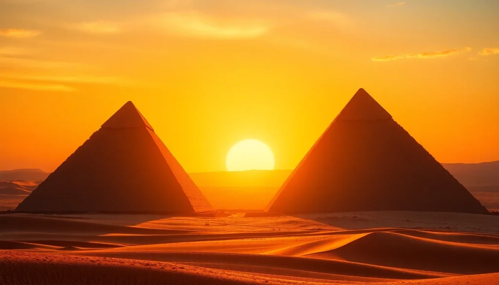 View of the majestic piraminds at sunset with golden lighting and contrasting desert landscape.