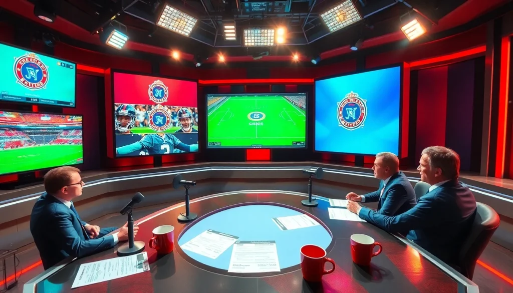 Engaging sports broadcasting setup with hosts and vibrant screens showcasing live coverage.