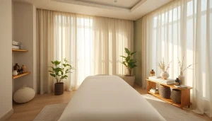 자연광과 차분한 장식이 어우러진 평화로운 마사지 설정을 갖춘 수원 마사지 치료실