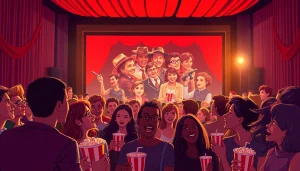 ผู้ชมที่ตื่นเต้นดูหนังในโรงภาพยนตร์ที่มีจอขนาดใหญ่