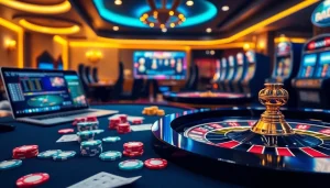 L'atmosphère vibrante d'un casino en ligne argent réel luxueux avec des jetons de poker, des cartes et des éléments de jeux en ligne.