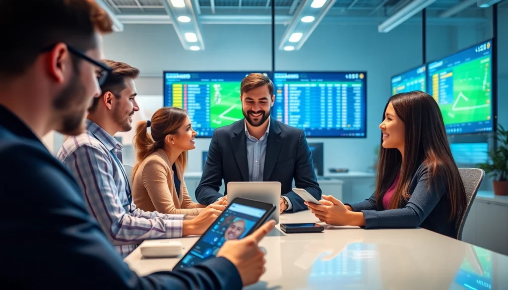 Engaging scene of a modern sports betting platform interface showcasing 슈어맨3 with friendly staff and users.