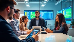 Engaging scene of a modern sports betting platform interface showcasing 슈어맨3 with friendly staff and users.