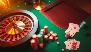 Découvrez le frisson du casino en ligne argent réel avec une table de roulette luxueuse et des jetons de poker.