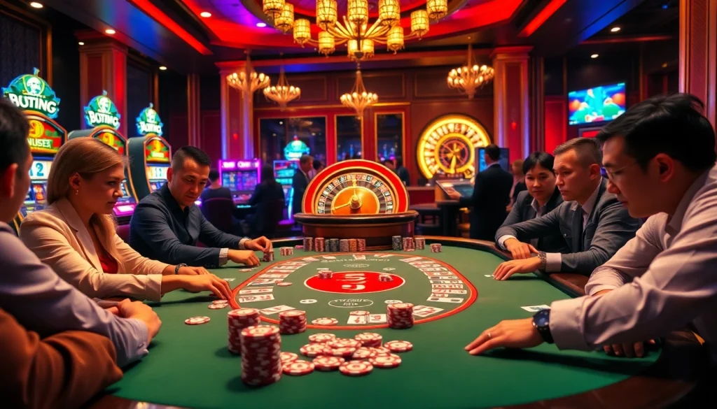 Découvrez l'excitation à une table de poker de 'casino en ligne argent réel' avec des joueurs engagés dans une action à enjeux élevés.