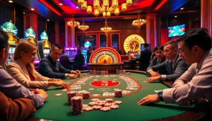 Découvrez l'excitation à une table de poker de 'casino en ligne argent réel' avec des joueurs engagés dans une action à enjeux élevés.