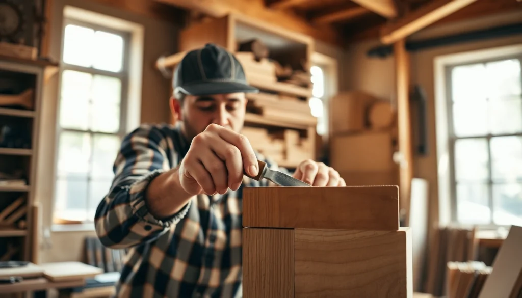 Engaged carpenter demonstrating skills through carpentry apprenticeship in a cozy workshop.