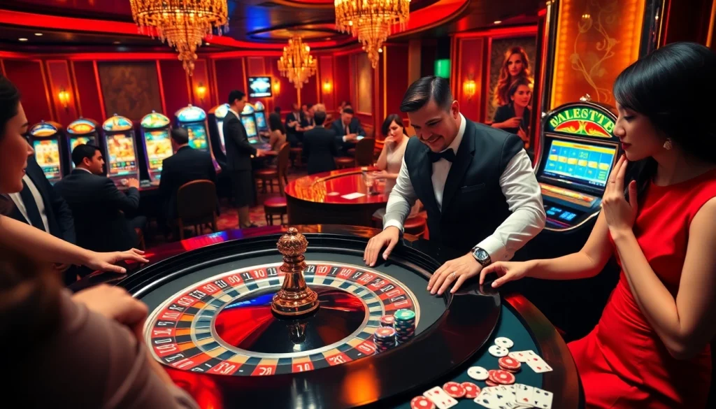 Des joueurs engagés profitant d'un jeu dans un casino en ligne fiable avec des éléments de roulette et de poker dynamiques.