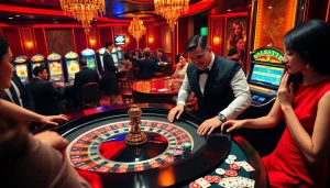 Des joueurs engagés profitant d'un jeu dans un casino en ligne fiable avec des éléments de roulette et de poker dynamiques.