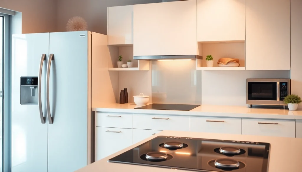 Showcase of modern home appliances in a stylish kitchen setting.