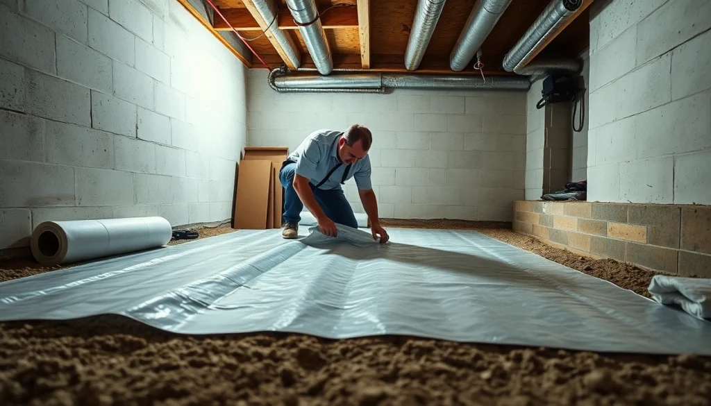 Vapor Barrier Installation showcasing a professional applying a vapor barrier in a clean crawl space.