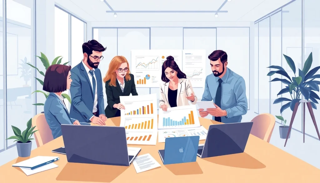 Team analyzing b2b competitive intelligence in a modern office setting with vibrant collaboration.