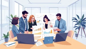 Team analyzing b2b competitive intelligence in a modern office setting with vibrant collaboration.