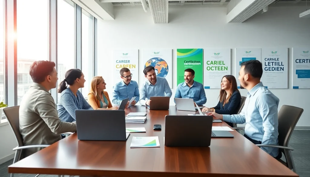 Explore options to get certified with professionals engaged in discussions in a modern office.