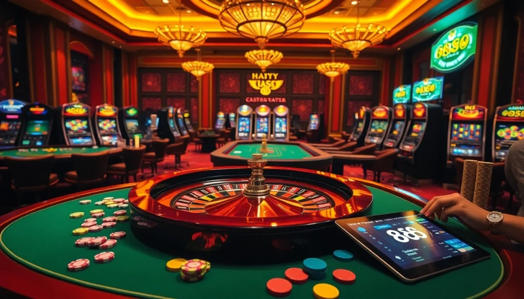 Engaging gambling scene featuring Hay 88 with roulette wheel, poker tables, and vibrant chips.
